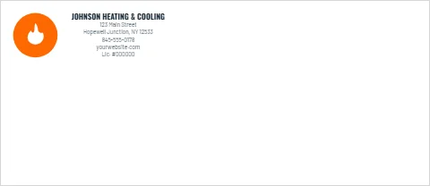 Envelope template, heating and cooling, reading "JOHNSON HEATING & COOLING", "123 Main Street" and "yourwebsite.com", in white