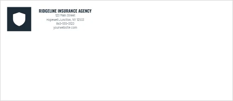Envelope template, insurance agency, reading "RIDGELINE INSURANCE AGENCY", "123 Main Street" and "yourwebsite.com", in white