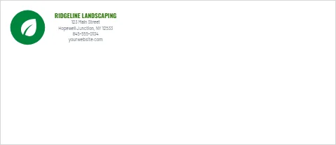Envelope template, landscaping, green leaf, reading "RIDGELINE LANDSCAPING", "123 Main Street" and "yourwebsite.com", in white