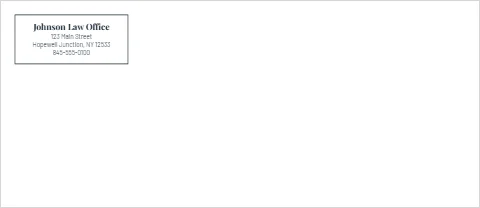 Envelope template, law office, serif frame, reading "Johnson Law Office", "123 Main Street" and "Hopewell Junction, NY 12533", in white