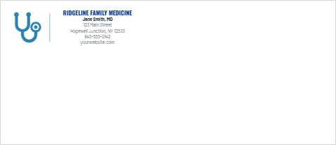Envelope template, physician, blue rule, reading "RIDGELINE FAMILY MEDICINE", "Jane Smith, MD" and "yourwebsite.com", in white