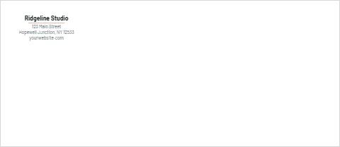 Envelope template, modern minimal, reading "Ridgeline Studio", "123 Main Street" and "yourwebsite.com", in white