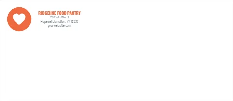 Envelope template, nonprofit, coral heart, reading "RIDGELINE FOOD PANTRY", "123 Main Street" and "yourwebsite.com", in white