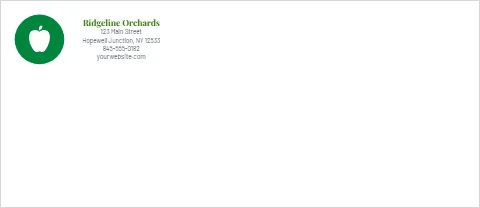 Envelope template, orchard, reading "Ridgeline Orchards", "123 Main Street" and "yourwebsite.com", in white