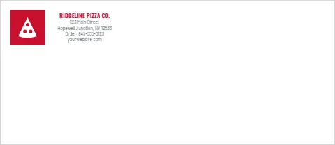Envelope template, pizzeria, red, reading "RIDGELINE PIZZA CO.", "123 Main Street" and "yourwebsite.com", in white