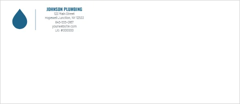 Envelope template, plumbing, blue rule, reading "JOHNSON PLUMBING", "123 Main Street" and "yourwebsite.com", in white