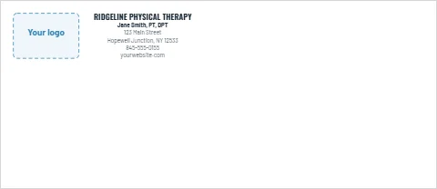 Envelope template, physical therapy logo, reading "RIDGELINE PHYSICAL THERAPY", "Jane Smith, PT, DPT" and "yourwebsite.com", in white, with a space for your logo
