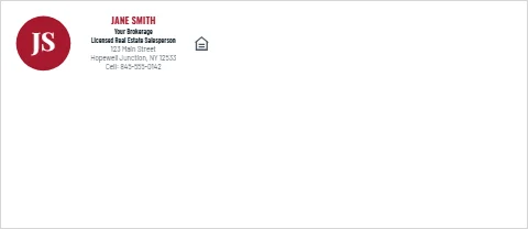 Envelope template, agent initials, reading "JANE SMITH", "Your Brokerage" and "JS", in white