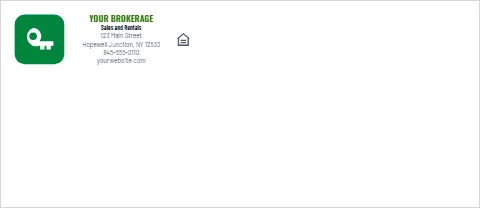 Envelope template, brokerage, rounded key, reading "YOUR BROKERAGE", "Sales and Rentals" and "yourwebsite.com", in white