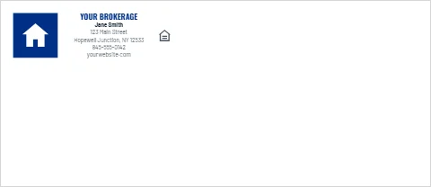 Envelope template, brokerage, blue panel, reading "YOUR BROKERAGE", "Jane Smith" and "yourwebsite.com", in white