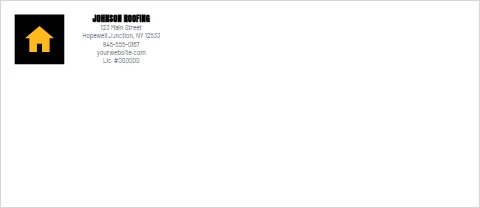 Envelope template, roofing, black panel, reading "JOHNSON ROOFING", "123 Main Street" and "yourwebsite.com", in white