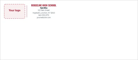 Envelope template, school office, reading "RIDGELINE HIGH SCHOOL", "Main Office" and "yourwebsite.com", in white, with a space for your logo