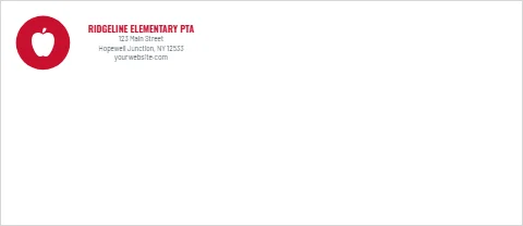 Envelope template, elementary PTA, reading "RIDGELINE ELEMENTARY PTA", "123 Main Street" and "yourwebsite.com", in white