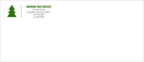 Envelope template, tree service, reading "JOHNSON TREE SERVICE", "123 Main Street" and "Hopewell Junction, NY 12533", in white