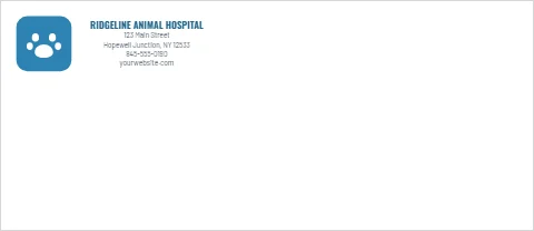 Envelope template, animal hospital, reading "RIDGELINE ANIMAL HOSPITAL", "123 Main Street" and "yourwebsite.com", in white