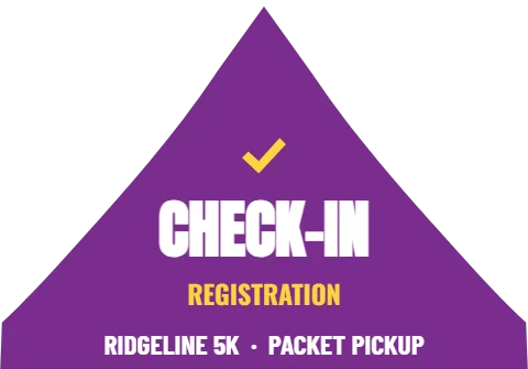 Event tent template, check-in tent, reading "CHECK-IN", "REGISTRATION" and "RIDGELINE 5K · PACKET PICKUP", in purple