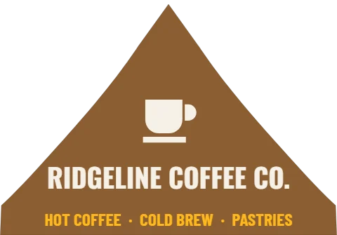 Event tent template, coffee vendor, reading "RIDGELINE COFFEE CO." and "HOT COFFEE · COLD BREW · PASTRIES", in brown