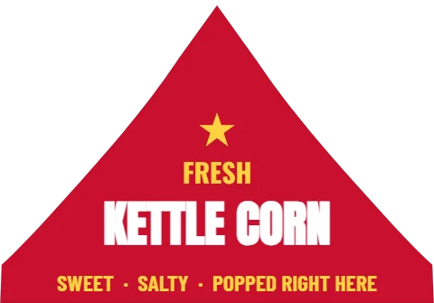 Event tent template, fair food booth, reading "FRESH", "KETTLE CORN" and "SWEET · SALTY · POPPED RIGHT HERE", in red