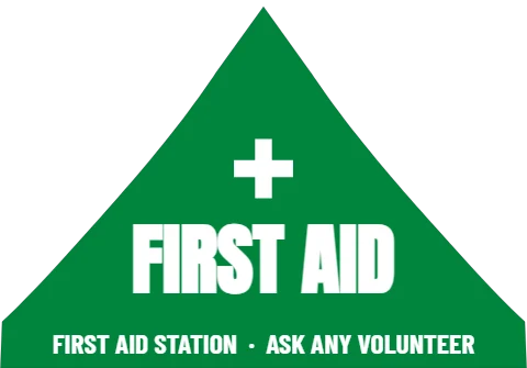 Event tent template, first aid, reading "FIRST AID" and "FIRST AID STATION · ASK ANY…", in green