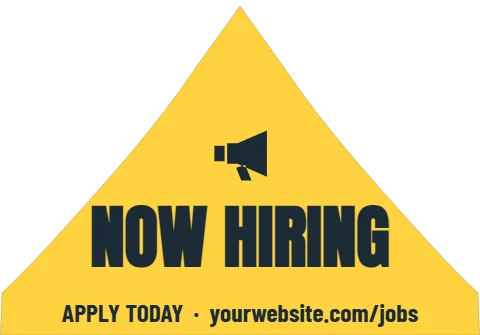 Event tent template, now hiring, reading "NOW HIRING" and "APPLY TODAY · yourwebsite.com/jobs", in yellow