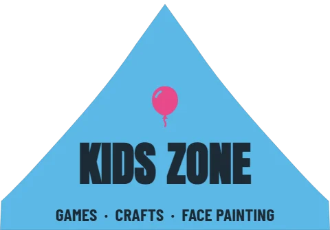 Event tent template, kids zone, reading "KIDS ZONE" and "GAMES · CRAFTS · FACE PAINTING", in sky blue
