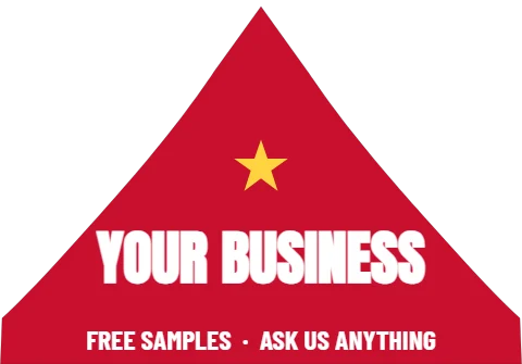 Event tent template, big name, reading "YOUR BUSINESS" and "FREE SAMPLES · ASK US ANYTHING", in red