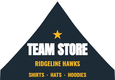 Event tent template, team store, reading "TEAM STORE", "RIDGELINE HAWKS" and "SHIRTS · HATS · HOODIES", in navy