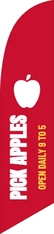 Flag template, pick your own apples, reading "PICK APPLES" and "OPEN DAILY 9 TO 5", in red
