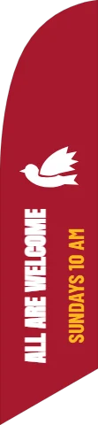 Flag template, all are welcome, reading "ALL ARE WELCOME" and "SUNDAYS 10 AM", in maroon