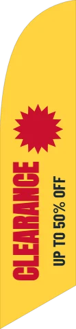 Flag template, clearance, reading "CLEARANCE" and "UP TO 50% OFF", in yellow