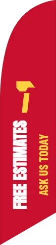 Flag template, free estimates, reading "FREE ESTIMATES" and "ASK US TODAY", in red