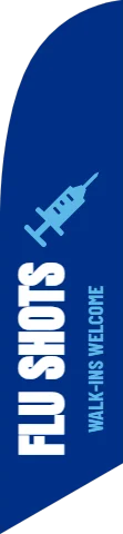 Flag template, flu shots, reading "FLU SHOTS" and "WALK-INS WELCOME", in blue