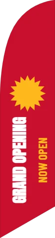 Flag template, grand opening, red and gold, reading "GRAND OPENING" and "NOW OPEN", in red