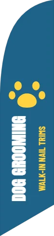 Flag template, dog grooming, reading "DOG GROOMING" and "WALK-IN NAIL TRIMS", in steel blue