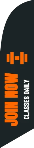 Flag template, gym, join now, reading "JOIN NOW" and "CLASSES DAILY", in charcoal