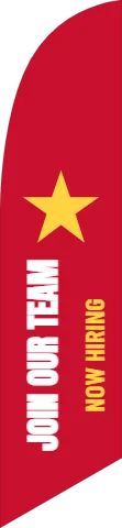 Flag template, join our team, reading "JOIN OUR TEAM" and "NOW HIRING", in red