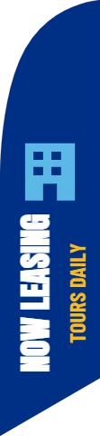 Flag template, now leasing, reading "NOW LEASING" and "TOURS DAILY", in blue