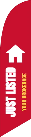Flag template, just listed, reading "JUST LISTED" and "YOUR BROKERAGE", in red