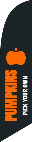 Flag template, pumpkins, reading "PUMPKINS" and "PICK YOUR OWN", in charcoal