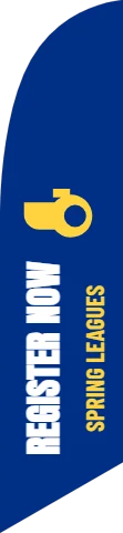 Flag template, register now, reading "REGISTER NOW" and "SPRING LEAGUES", in blue