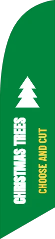 Flag template, christmas trees, reading "CHRISTMAS TREES" and "CHOOSE AND CUT", in green