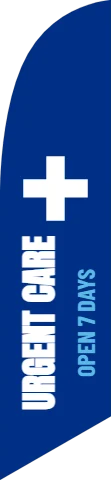 Flag template, urgent care, reading "URGENT CARE" and "OPEN 7 DAYS", in blue