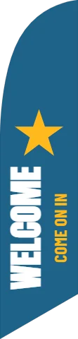Flag template, welcome, reading "WELCOME" and "COME ON IN", in steel blue