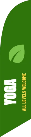 Flag template, yoga, reading "YOGA" and "ALL LEVELS WELCOME", in green