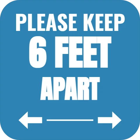 Floor graphic template, keep 6 feet apart, reading "PLEASE KEEP", "6 FEET" and "APART", in blue