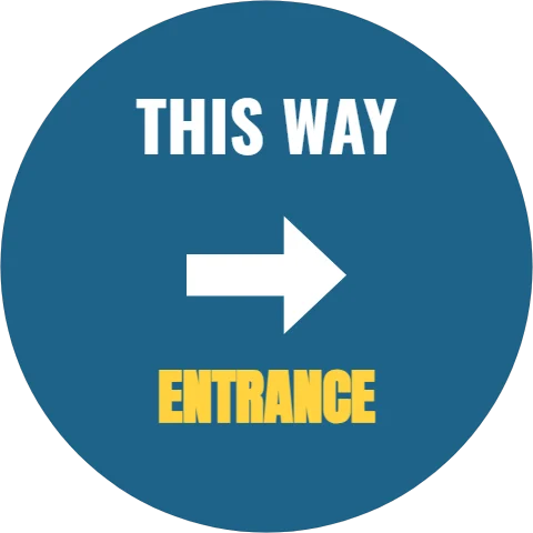 Floor graphic template, arrow dot, reading "THIS WAY" and "ENTRANCE", in steel blue