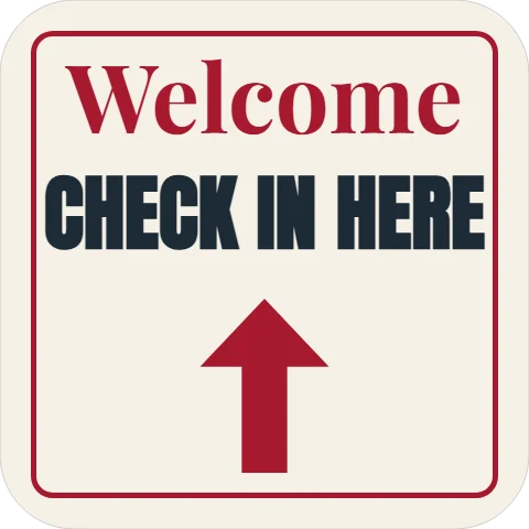 Floor graphic template, welcome, check in here, reading "Welcome" and "CHECK IN HERE", in cream