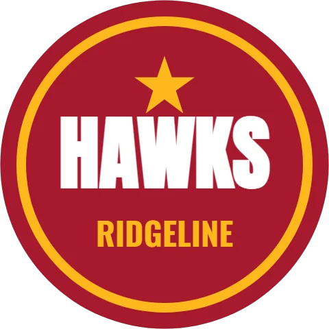 Floor graphic template, center court, reading "HAWKS" and "RIDGELINE", in gold and maroon