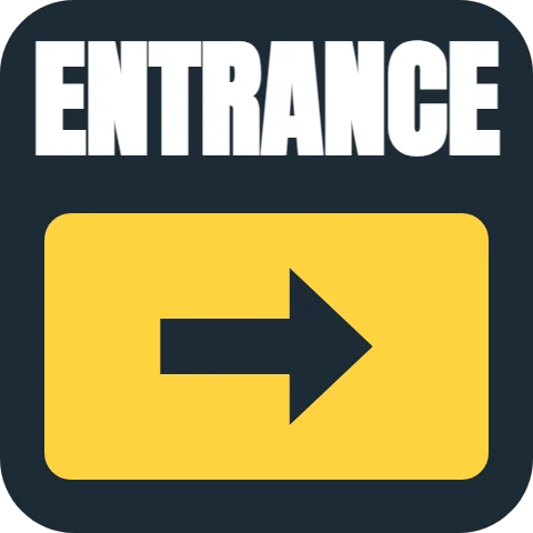 Floor graphic template, entrance this way, reading "ENTRANCE", in yellow and navy