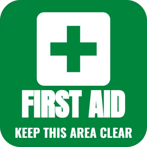 Floor graphic template, first aid, reading "FIRST AID" and "KEEP THIS AREA CLEAR", in white and green